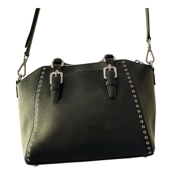 Michael Kors Mercer Gallery Medium Satchel Black Leather Eyelet Trim Crossbody - Picture 3 of 5